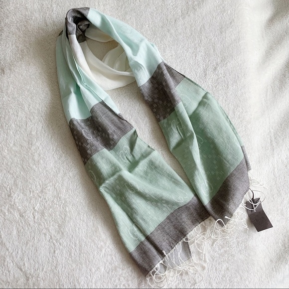 NWT Authentic Gucci GG Linen Blend Color Scarf 🧣Grey Green Ivory - Picture 1 of 8